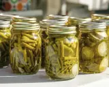 Gläser mit eingelegtem Gemüse. Achten Sie auf Anzeichen, um Botulismus in Konserven zu erkennen: Blasenbildung, trübe Flüssigkeit oder ein seltsamer Geruch.