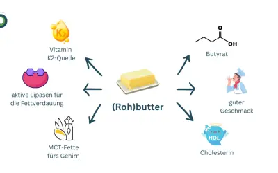 (Roh)butter: Vitamin K2-Quelle, aktive Lipasen, MCT-Fette, Butyrat, guter Geschmack und Cholesterin.