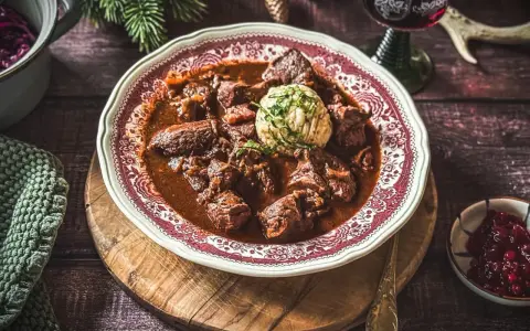 Ein festliches Hirschgulasch, wie es ein Sternekoch zubereiten würde, serviert mit Klößen und Preiselbeeren.