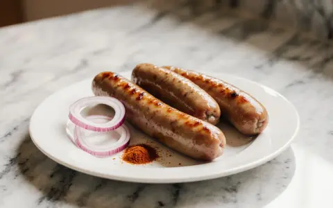 Drei goldbraune Bratwürste im Airfryer zubereitet, serviert mit roten Zwiebelringen und Paprikapulver auf einem weißen Teller.