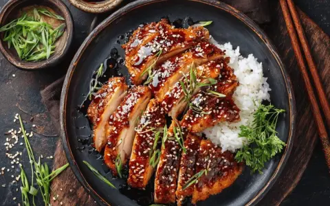 Saftiges Hähnchen Teriyaki, glasiert und mit Sesam bestreut, serviert mit Reis und Frühlingszwiebeln.