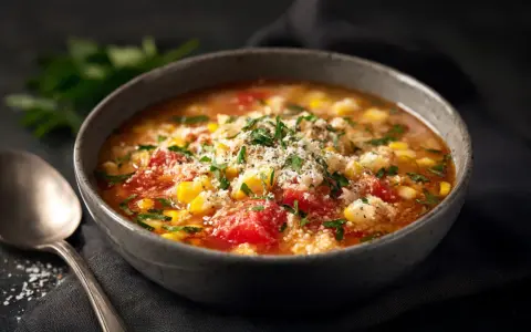 Herzhaftes Pizzasuppe Rezept: Tomaten, Mais und Kräuter in einer Schüssel, garniert mit Parmesan. Dazu eine Löffel.