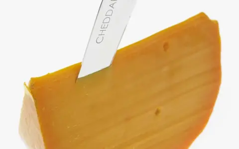 Ein Messer schneidet ein Stück leuchtend orangefarbenen Cheddar-Käse. Was ist Cheddar? Ein köstlicher Hartkäse.