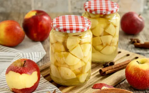 Zwei Gläser mit Apfelstücken, bereit zum Apfel einkochen. Frische Äpfel, Zimtstangen und Sternanis liegen daneben.