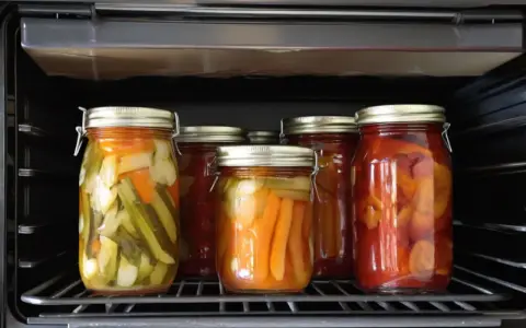 Gläser mit eingelegtem Gemüse, wie Gurken und Karotten, stehen im Ofen. Dies sind leckere Hauptgerichte zum Einkochen, die nach Rezepten zubereitet werden.