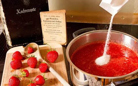 Zucker wird zu Erdbeeren in einem Topf gegeben, um zu erfahren, wann wird Marmelade fest. Alte Kochbücher liegen daneben.