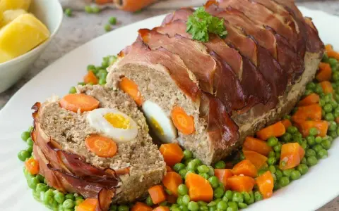 Ein saftiger falscher Hase, umwickelt mit Speck, gefüllt mit Eiern und Karotten, serviert auf Erbsen und Karotten.