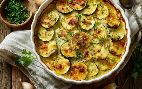 Ein goldbraun gebackener Zucchini-Auflauf mit Käse überbacken, garniert mit frischer Petersilie. Köstlich und einfach zuzubereiten.