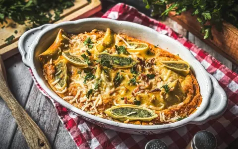 Herzhafter Maultaschen Auflauf mit Käse überbacken, garniert mit frischer Petersilie. Ein Genuss für die ganze Familie.