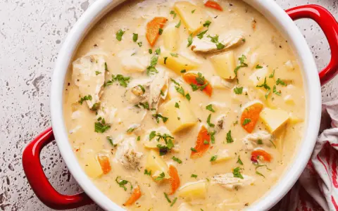 Cremige Hühnersuppe mit Kartoffeln und Karotten, ein Klassiker unter den Suppen Rezepten, garniert mit Petersilie.