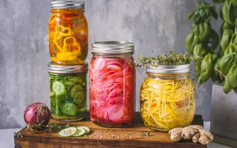 Bunte Gläser mit eingelegtem Gemüse, perfekt für ein mixed pickles rezept. Gurken, rote Zwiebeln und gelbe Paprika sind sichtbar.