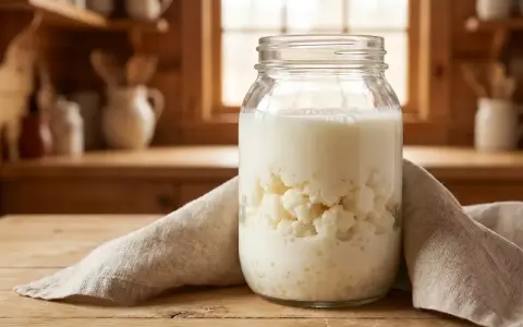 Ein Glas mit Milch und Kefirknollen, bereit zum Milchkefir ansetzen. Im Hintergrund eine rustikale Küche.