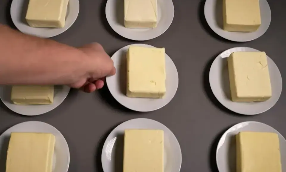 Neun Butterstücke auf Tellern, ein Mann greift nach einem. Die Butter zutaten sind bereit für einen Test.