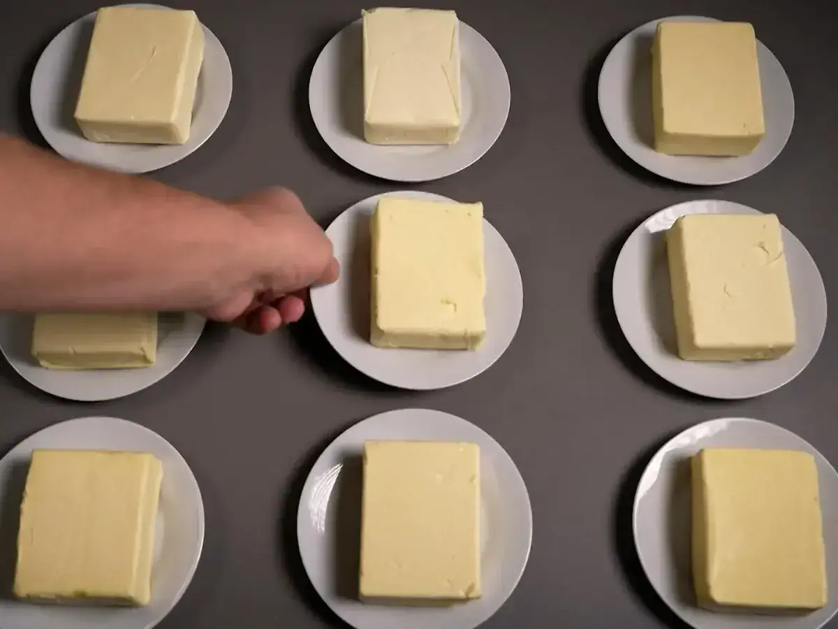 Neun Butterstücke auf Tellern, ein Mann greift nach einem. Die Butter zutaten sind bereit für einen Test.