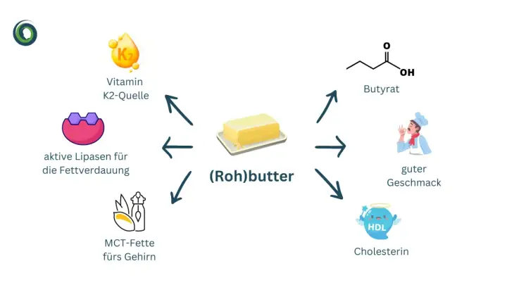 (Roh)butter: Vitamin K2-Quelle, aktive Lipasen, MCT-Fette, Butyrat, guter Geschmack und Cholesterin.